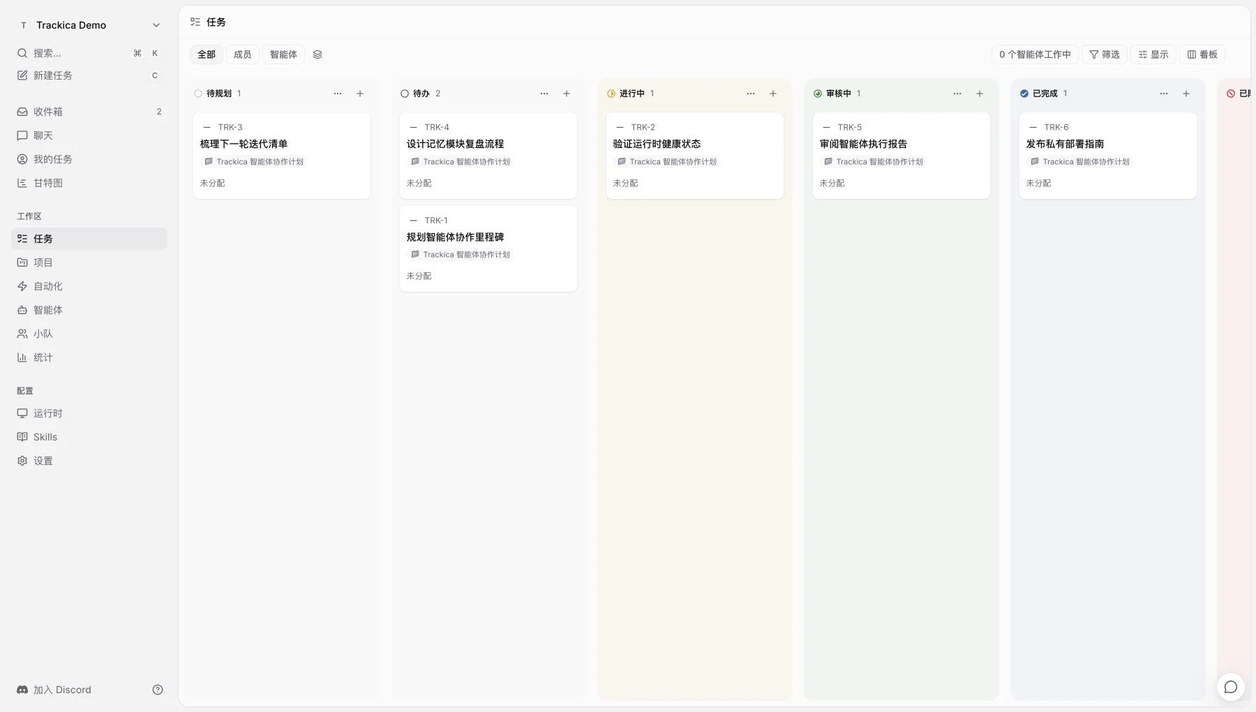 trackica board view — issues managed by humans and agents