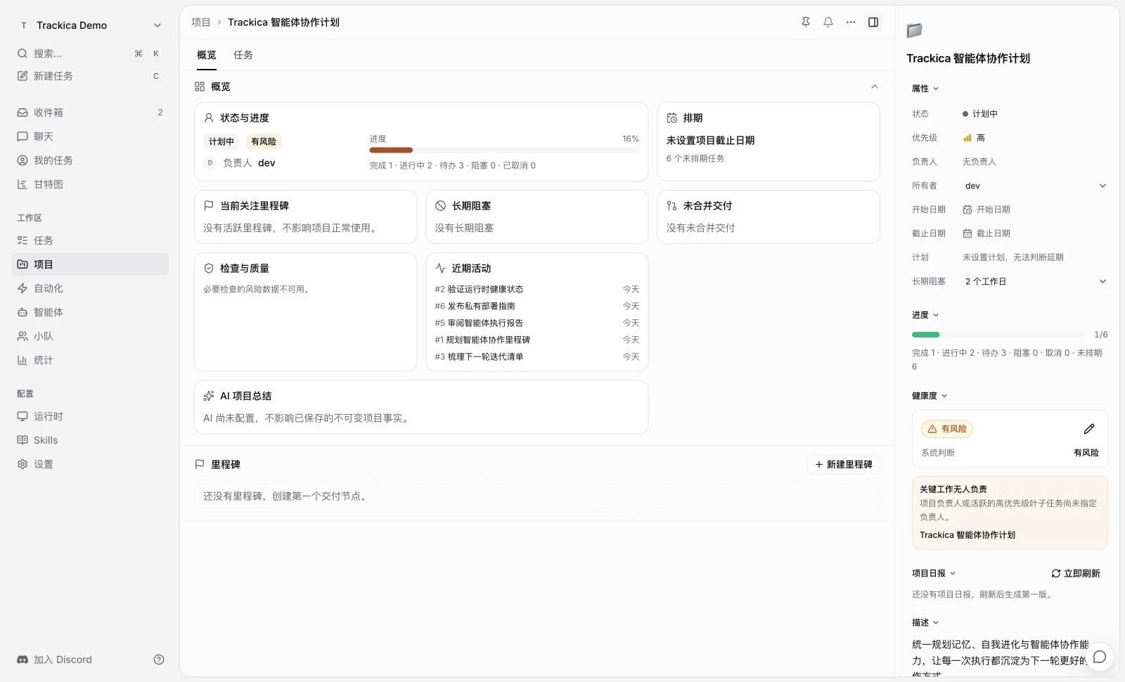 Project detail: issues grouped by status, progress, and the project description